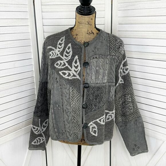 Sandy Starkman Vintage Patchwork Knit Cardigan Sweater Gray Large Cotton - Picture 1 of 15